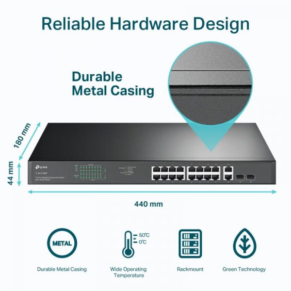 "18-Port Gigabit Rackmount  Switch with 16-Port PoE+ PORT: 16× - imagine 12