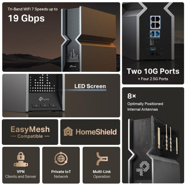 TP-LINK Router wireless TRi-Band Archer BE800, Otel inoxidabil, BE19000, Viteze - imagine 15
