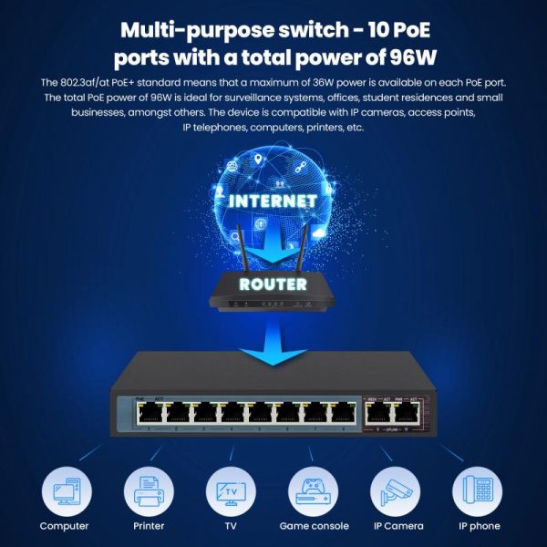 Extralink CERES  PoE Switch  8x 100Mb/s PoE/PoE+ 2x - imagine 8