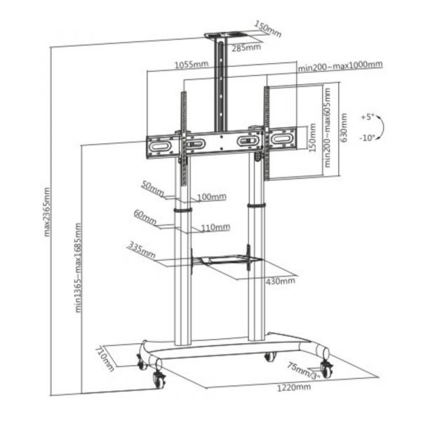 Stand TV mobil Serioux TV610TW 60"-100", dimensiuni: 1220x710x2045~ 2365mm, compatibilitate - imagine 8