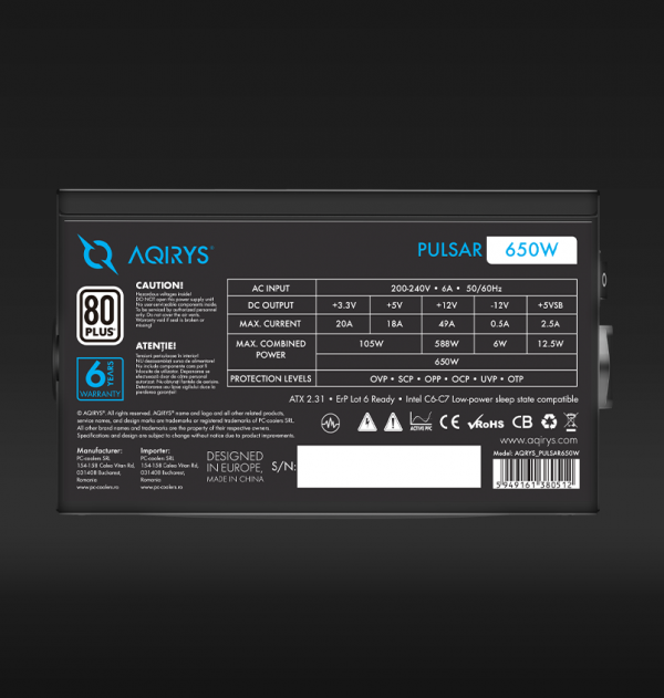 Sursa Aqirys Pulsar 650W 80+ White certified, culoare neagra - imagine 5