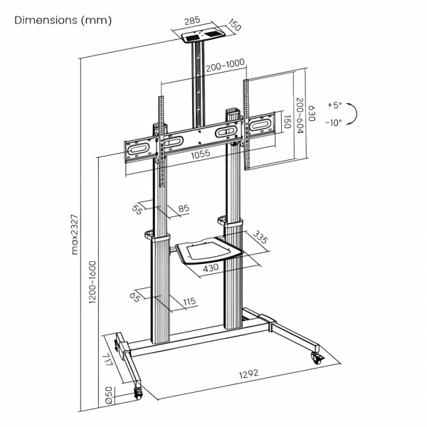 Stand TV mobil Serioux  44-610TW, dimensiuni 1292x717x2327mm, compatibiliate dimensiune - imagine 12