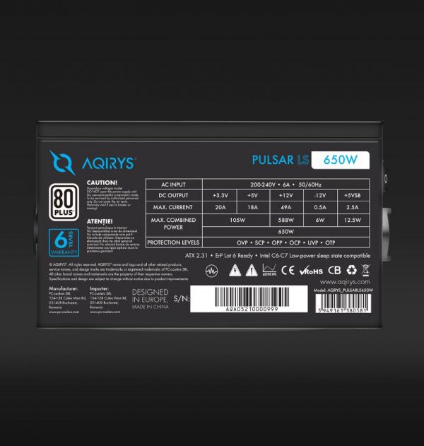 Sursa Aqirys Pulsar LS 650W 80+ White certified, culoare neagra - imagine 8